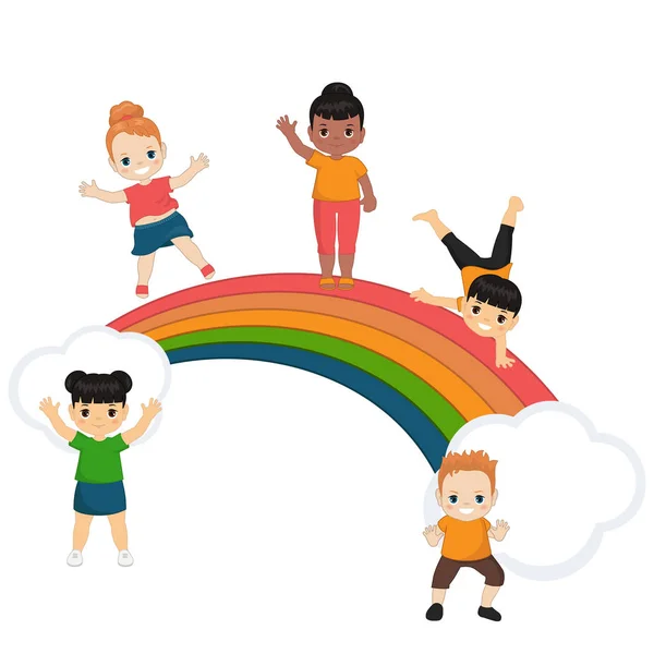 Bambini Arcobaleno Illustrazione Stile Cartone Animato Isolato Sfondo Bianco — Vettoriale Stock