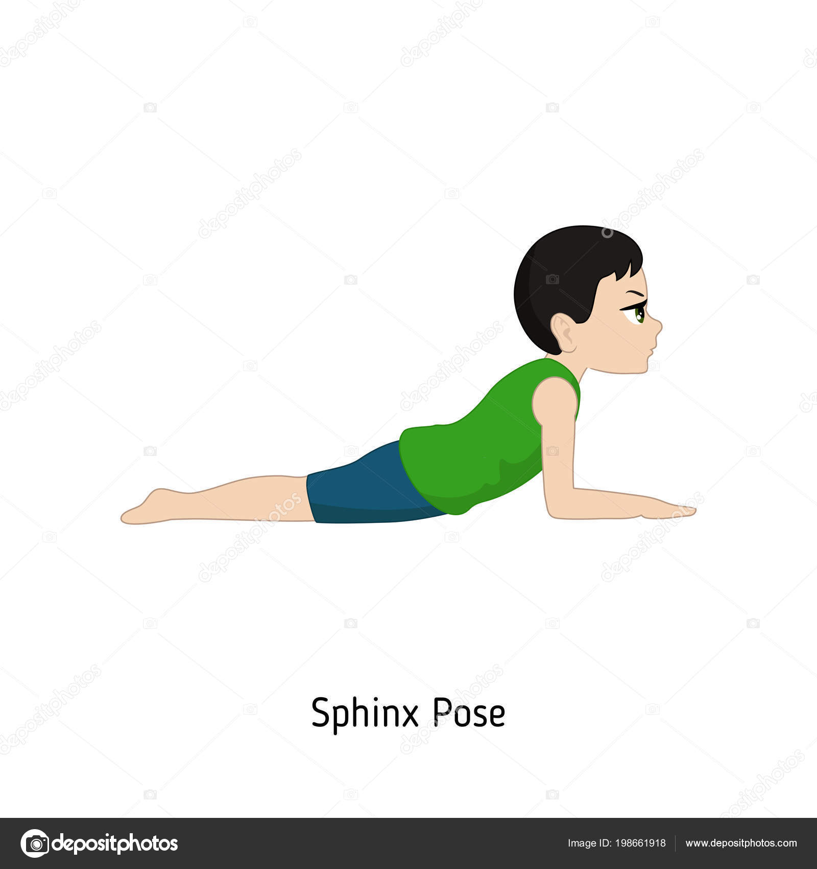 Child doing yoga. Sphinx Yoga Pose. Cartoon style illustration isolated on white background. 31 Child doing yoga. Sphinx Yoga Pose. Cartoon style illustration isolated on white background. 31