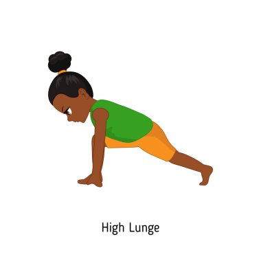 Çocuk yoga yapıyor. Yüksek hamle Yoga poz. Karikatür tarzı illüstrasyon izole beyaz arka plan üzerinde.
