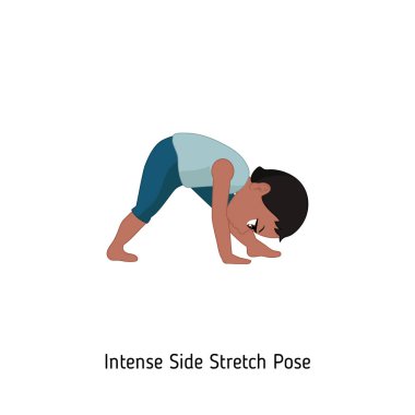 Çocuk yoga yapıyor. Yoğun profilden streç Yoga poz. Karikatür tarzı illüstrasyon izole beyaz arka plan üzerinde.