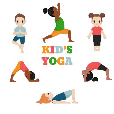 Yoga seti çocuklar. Sağlıklı bir yaşam tarzı. Karikatür tarzı illüstrasyon izole beyaz arka plan üzerinde.
