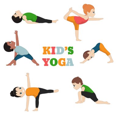 Yoga seti çocuklar. Sağlıklı bir yaşam tarzı. Karikatür tarzı illüstrasyon izole beyaz arka plan üzerinde.
