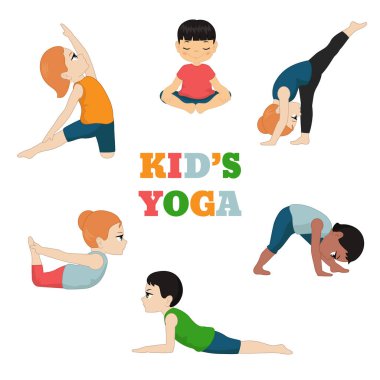 Yoga seti çocuklar. Sağlıklı bir yaşam tarzı. Karikatür tarzı illüstrasyon izole beyaz arka plan üzerinde.