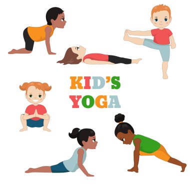 Yoga seti çocuklar. Sağlıklı bir yaşam tarzı. Karikatür tarzı illüstrasyon izole beyaz arka plan üzerinde.