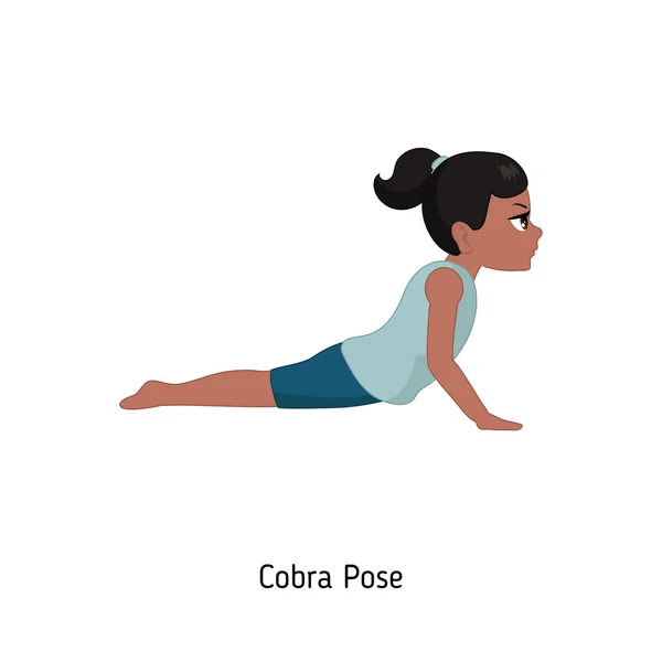 Niño Haciendo Yoga Cobra Yoga Pose Ilustración Estilo Dibujos Animados — Vector de stock