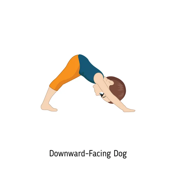 Kind Doen Yoga Neerwaartse Facing Dog Yoga Houding Cartoon Stijl — Stockvector