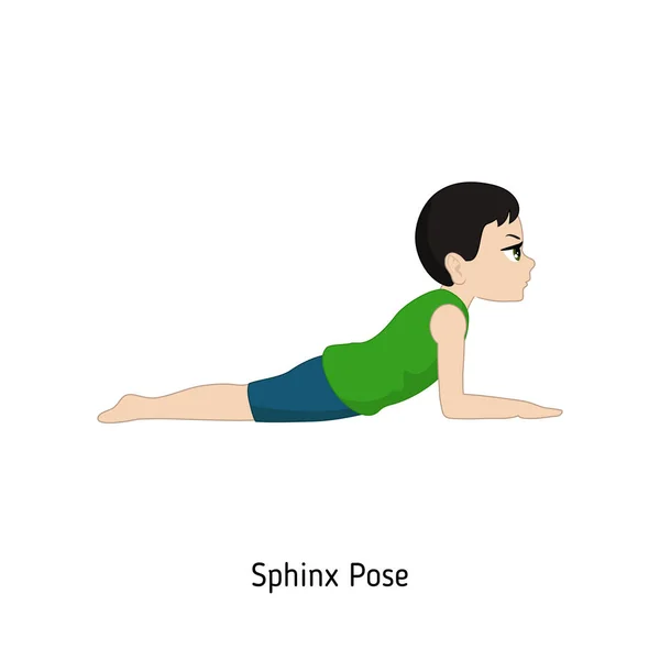 Barn Gör Yoga Sphinx Yogaställning Tecknad Stil Illustration Isolerade Vit — Stock vektor
