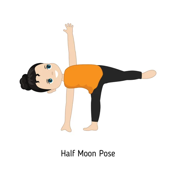 孩子做瑜伽 半月瑜伽姿势 在白色背景上隔离的卡通风格插图 — 图库矢量图片