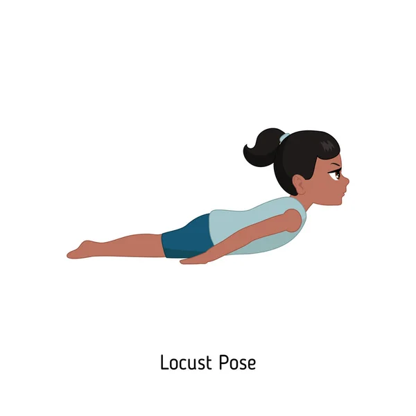 Kind Doen Yoga Locust Yoga Pose Cartoon Stijl Illustratie Geïsoleerd — Stockvector