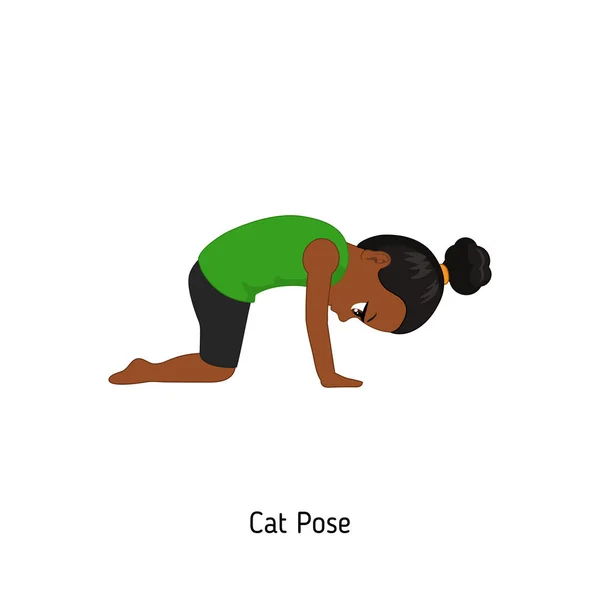 Barn Gör Yoga Cat Yogaställning Tecknad Stil Illustration Isolerade Vit — Stock vektor