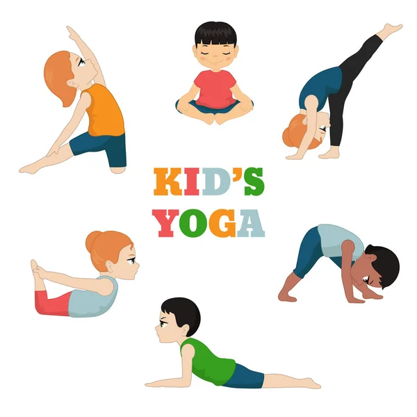 Yoga Seti Çocuklar Sağlıklı Bir Yaşam Tarzı Karikatür Tarzı Illüstrasyon — Stok Vektör