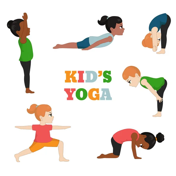 Kids Yoga Set Gezonde Levensstijl Cartoon Stijl Illustratie Geïsoleerd Witte — Stockvector