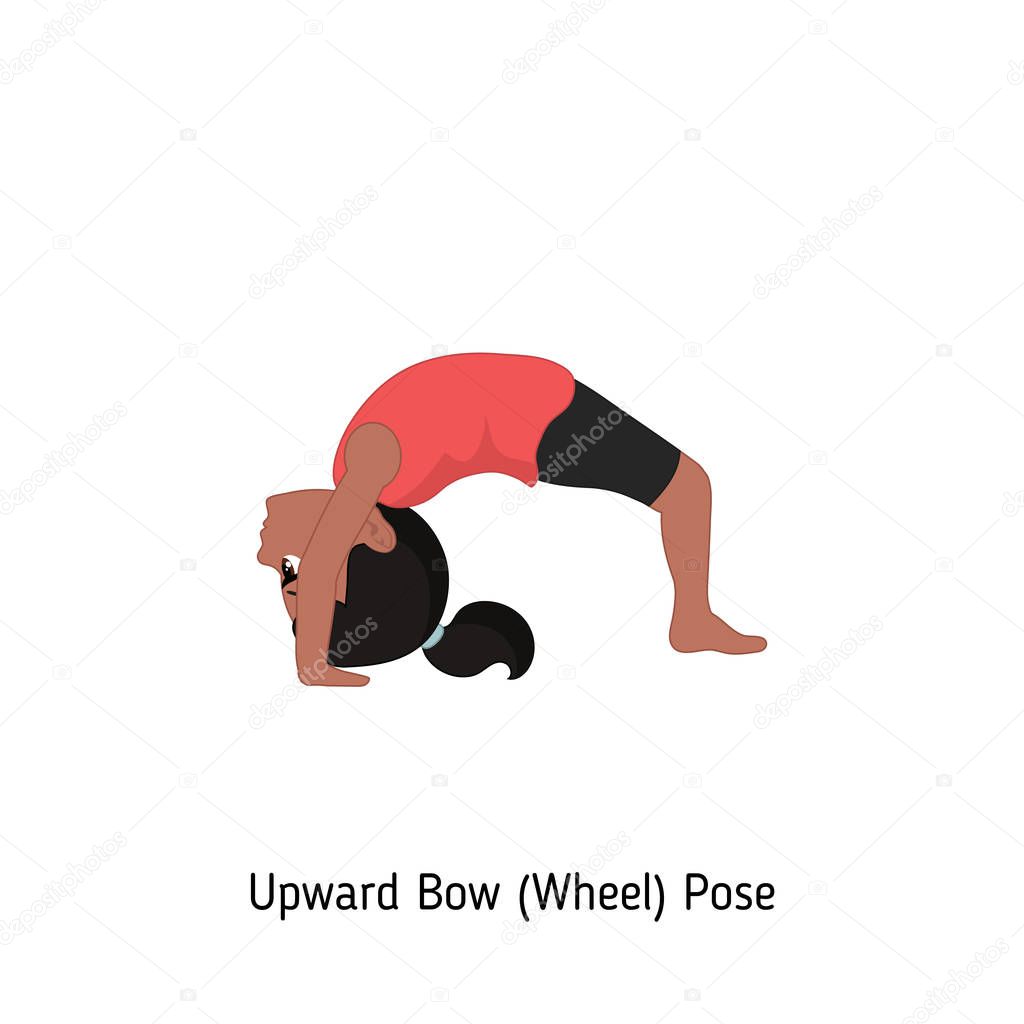 Child doing yoga. Upward bow Yoga Pose. Cartoon style illustration isolated on white background.