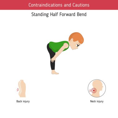 Yoga Infographics poz. Kontrendikasyonlar yarı İleri Bend Yoga ayakta poz. Karikatür tarzı illüstrasyon izole beyaz arka plan üzerinde.