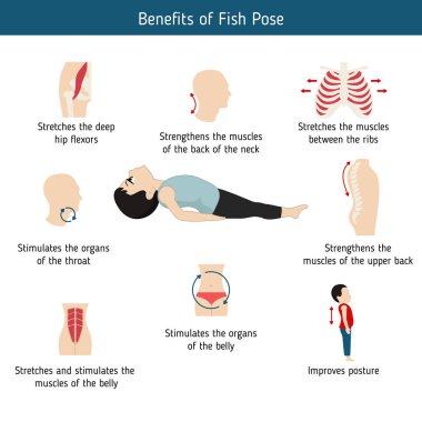 Yoga Infographics poz. Balık Yoga Faydaları poz. Karikatür tarzı illüstrasyon izole beyaz arka plan üzerinde.