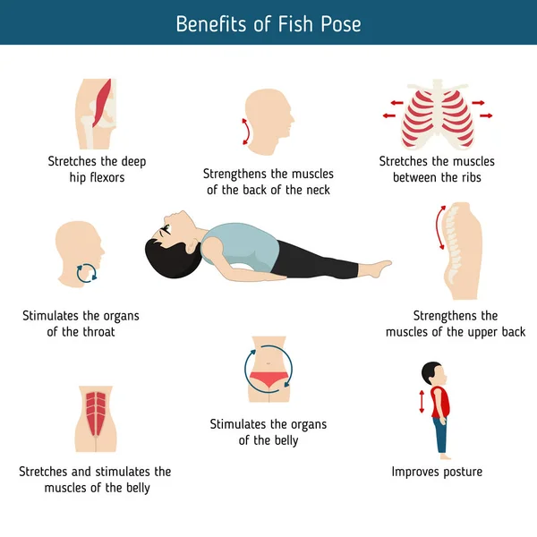 Infografías Pose Yoga Beneficios Posa Yoga Peces Ilustración Estilo Dibujos — Vector de stock