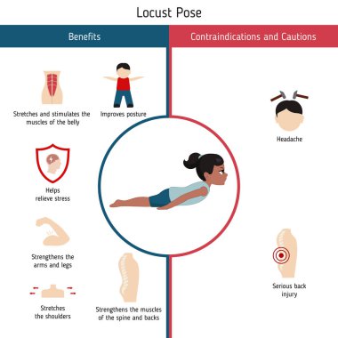 Yoga Infographics poz. Yararları ve kontrendikasyonlar konusunda Locust Yoga poz. Karikatür tarzı illüstrasyon izole beyaz arka plan üzerinde.