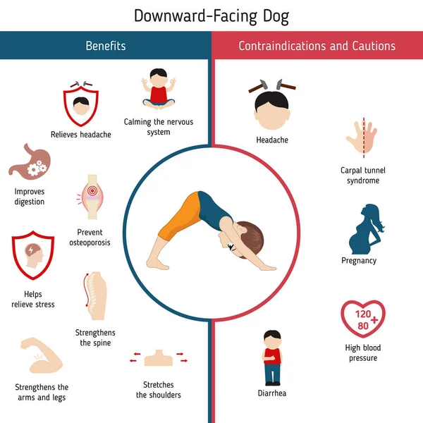图表瑜伽姿势 向下面对狗瑜伽姿势的好处和禁忌症 在白色背景上隔离的卡通风格插图 — 图库矢量图片