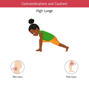 Yoga Infographics poz. Kontrendikasyonlar konusunda yüksek hamle Yoga poz. Karikatür tarzı illüstrasyon izole beyaz arka plan üzerinde.