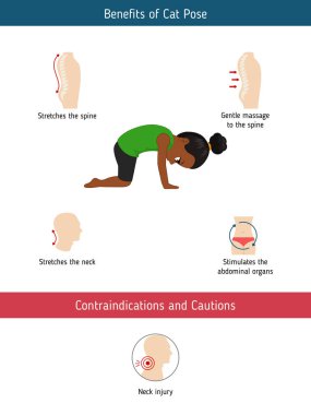 Yoga Infographics poz. Yararları ve kontrendikasyonlar konusunda Yoga kedi poz. Karikatür tarzı illüstrasyon izole beyaz arka plan üzerinde.