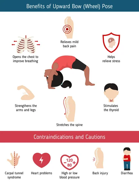 Infografías Pose Yoga Beneficios Contraindicaciones Posa Yoga Arco Arriba Ilustración — Vector de stock