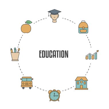 Eğitim, okul ve üniversite elemanları ile eğitim tasarım konsepti. Okula dönüş.