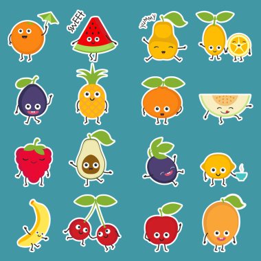 Gülümseyen meyve. Mavi arka plan. Sevimli çizgi film karakterleri.