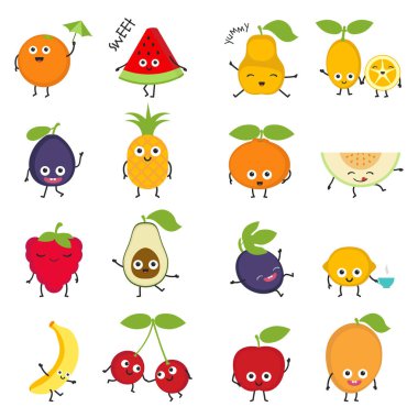 Beyaz arka plan üzerinde izole meyve gülümseyen çizgi film. Sevimli çizgi film karakterleri.
