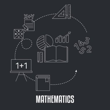 Derslerde kavram tasarlayın. Matematik. Siyah arka plan ile eğitim simgeler.