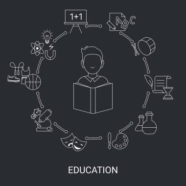 Eğitim Infographic şablonu ile okul konular kutsal kişilerin resmi. Okula dönüş. Siyah arka plan.