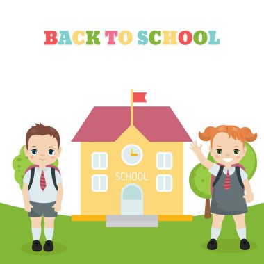 Mutlu okul çocukları. Geri okul kavramı resimde. Erkek ve kız okul üniformalı.