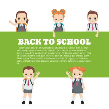 Mutlu okul çocukları. Broşür şablonu metin için yer ile. Karikatür tarzı illüstrasyon.
