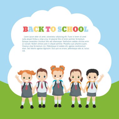Mutlu okul çocukları. Broşür şablonu metin için yer ile. Karikatür tarzı illüstrasyon.