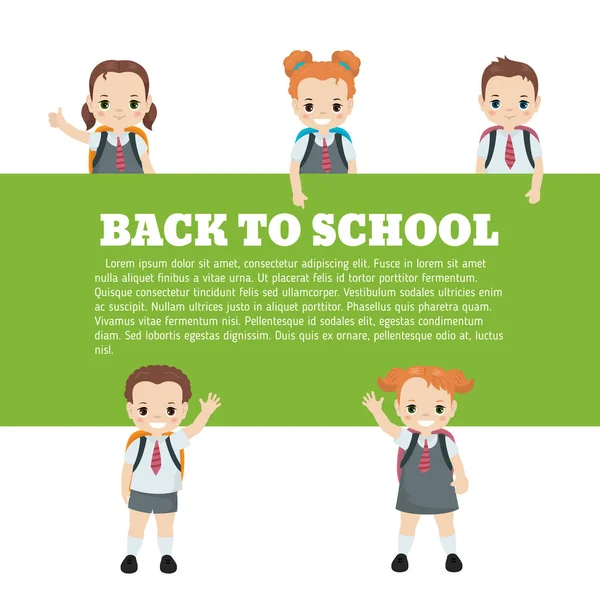 Mutlu okul çocukları. Broşür şablonu metin için yer ile. Karikatür tarzı illüstrasyon.