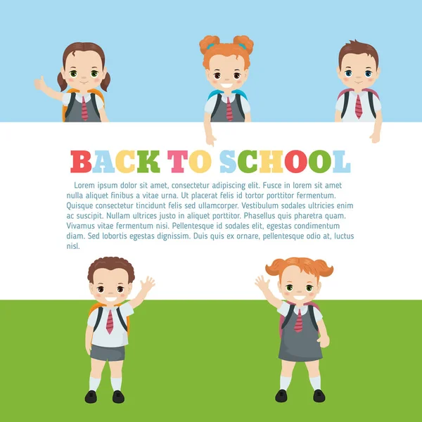 Mutlu okul çocukları. Broşür şablonu metin için yer ile. Karikatür tarzı illüstrasyon.