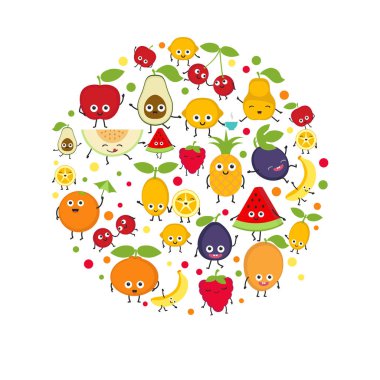 Arka plan ile meyve gülümseyen sevimli çizgi. Tasarım kartı.