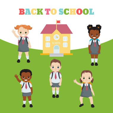 Mutlu okul çocukları. Geri okul kavramı resimde. Erkek ve kız okul üniformalı.
