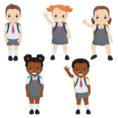 Mutlu okul çocukları. Okula dönüş. Beyaz arka plan.