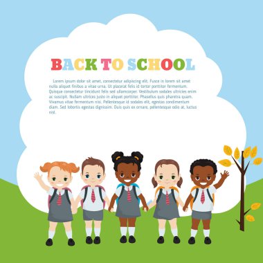 Mutlu okul çocukları. Broşür şablonu metin için yer ile. Karikatür tarzı illüstrasyon.