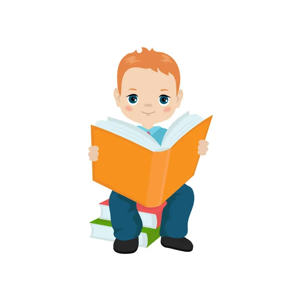 阅读书籍的概念 男孩拿着一本书 — 图库矢量图片