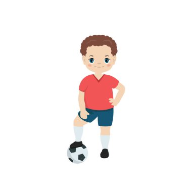 Futbol oynayan çocuk. Karikatür tarzı illüstrasyon izole beyaz arka plan üzerinde.