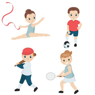 Çeşitli spor oynayan çocuklar. Karikatür tarzı illüstrasyon izole beyaz arka plan üzerinde.