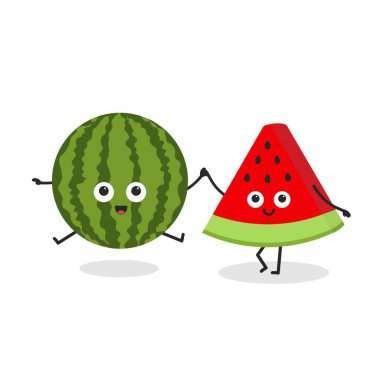 Sonsuza kadar en iyi arkadaş. Karpuz ve karpuz parçası gülümseyen sevimli çizgi