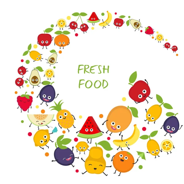 Herz Mit Verschiedenen Fruchtsymbolen Hintergrund Mit Niedlichen Karikaturen Lächelnde Früchte — Stockvektor