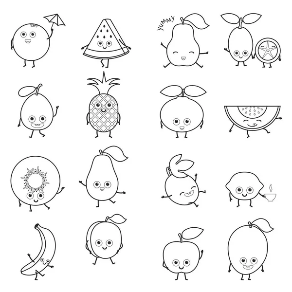 Dessin Animé Fruits Souriants Isolés Sur Fond Blanc Conception Pour — Image vectorielle