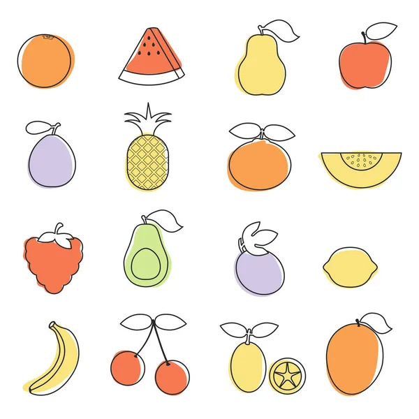 Conjunto Ícones Frutas Coloridas Dos Desenhos Animados Frutos Frescos — Vetor de Stock