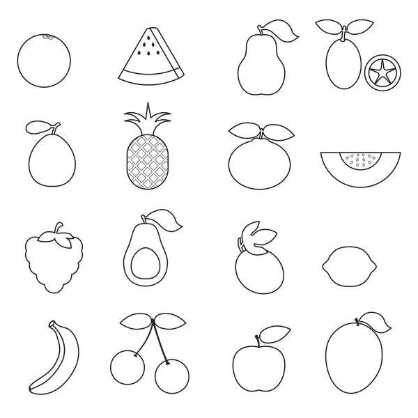 Gyümölcsök Elszigetelt Fehér Background Design Kifestőkönyv — Stock Vector