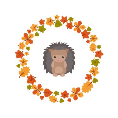 Sevimli kirpi ile vektör sonbahar arka plan. Kartpostal Merhaba sonbahar.