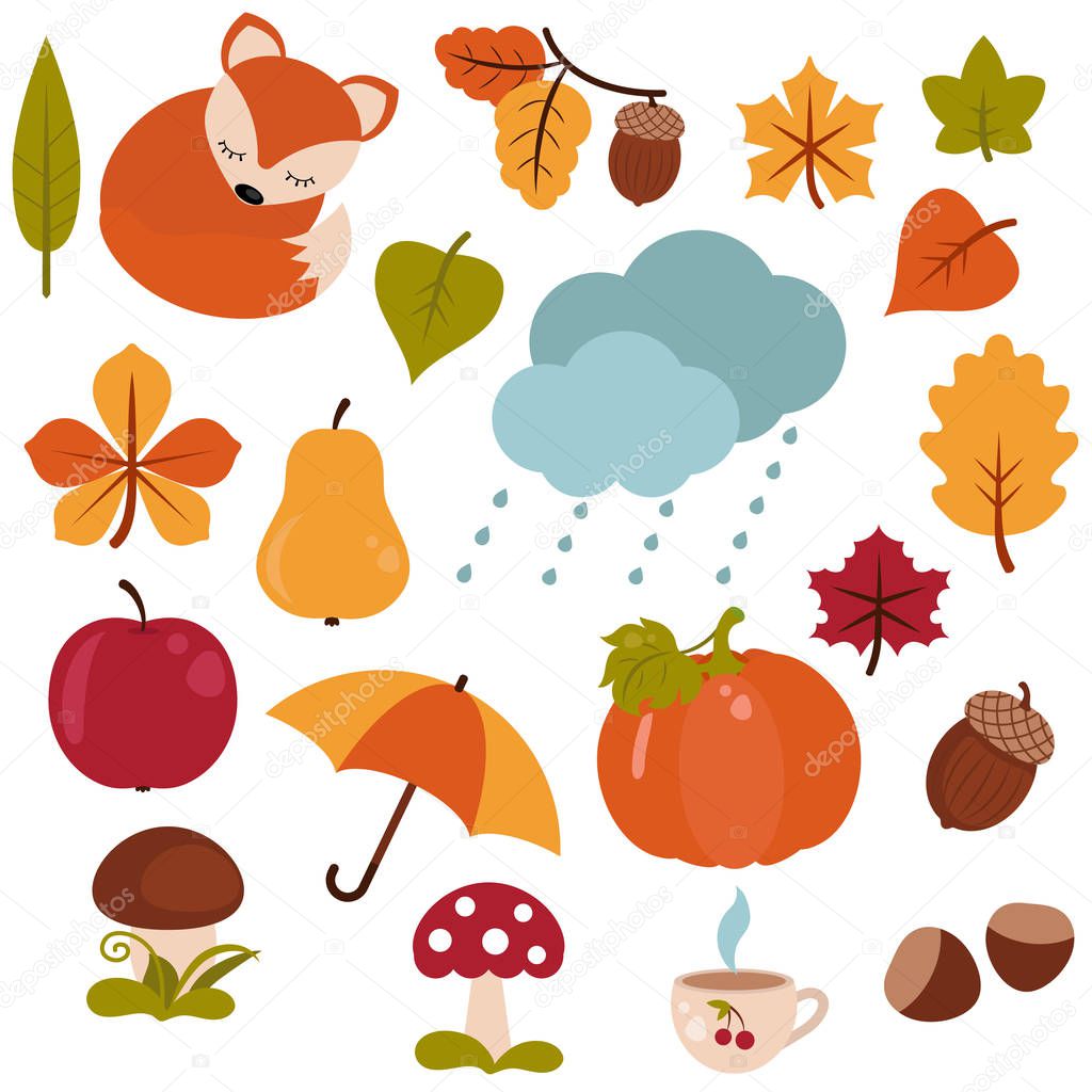 Set of cartoon characters and autumn elements