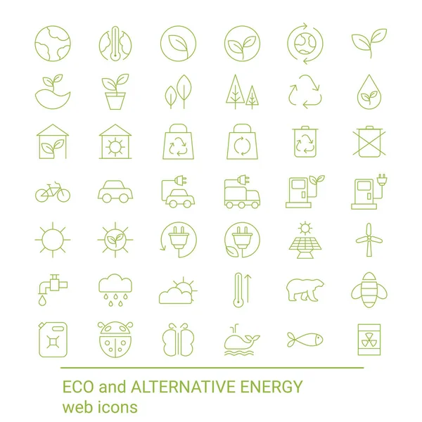 Conjunto Ícones Verdes Ecológicos Ambientais Símbolos Contorno Linha Fina — Vetor de Stock
